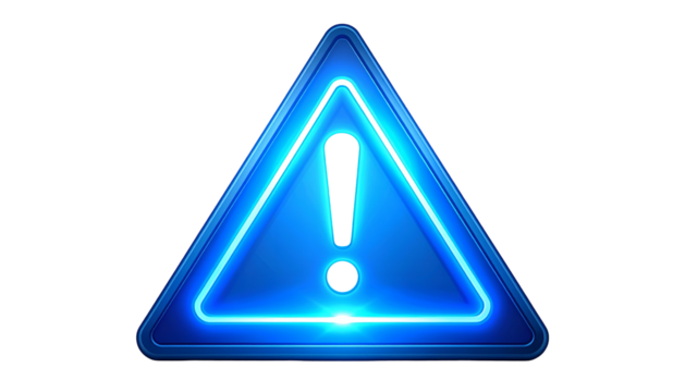 Illuminated blue alert sign, a neon triangular shape with an exclamation mark. The dark background enhances the glowing effect - Powered by Adobe