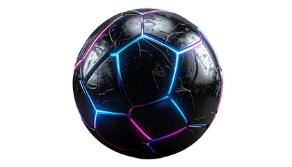 Metallic soccer ball with cracked surface illuminated by blue and pink glowing lines against a stark black background