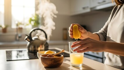 Person squeezing lemon into glass of juice with steam rising