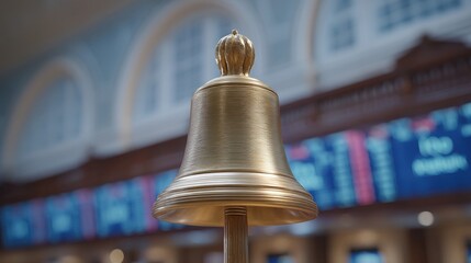 Ceremonial Bell Displayed on Trading Floor During IPO Celebration with Stock Ticker in Background