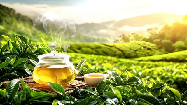 Tea industry. Tea leaves. Plantation. Culture. A vivid portrayal of a serene tea ceremony set against a backdrop of a lush, mountainous landscape.