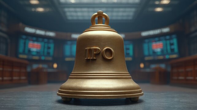 Ceremonial Bell Displayed on the Trading Floor to Mark Initial Public Offering in a Financial Setting