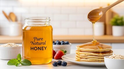 Delicious Golden Honey Poured Onto Pancakes with Berries