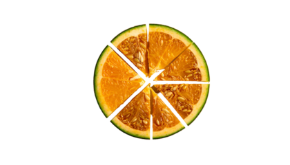 Sliced citrus fruit, featuring vibrant orange segments within a circular shape. Green rind contrasts the juicy pulp against a stark black backdrop