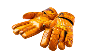 Two flame-orange colored, padded gloves, possibly for sports like soccer or hockey, with intricate stitching