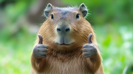 Portrait of a happy capybara giving thumbs up on an isolated green background, celebrating excellent work while enjoying the moment in a fun and cheerful manner