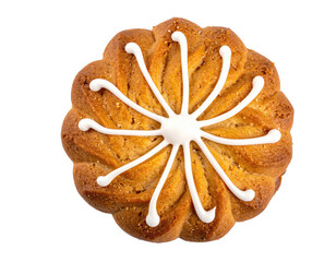 A single, round, baked pastry with decorative white icing on a stark black background