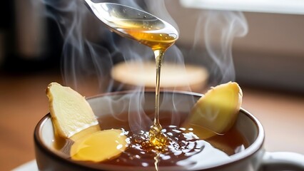 Sweetening Warm Ginger Tea with Golden Honey Drizzled from a Spoon into a Steaming Mug