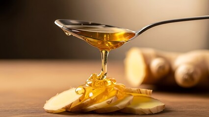 Golden Honey Dripping on Sliced Ginger with Spoon