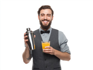 Bartender Holding cocktail shaker and glass isolated on white background