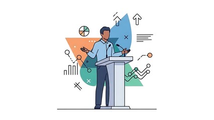 Business Presentation Illustration with Podium Speaker and Abstract Data Graphics