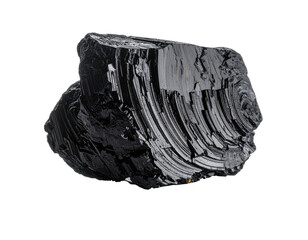 A dark, layered mineral specimen against a black background, with visible ridges and reflective surfaces