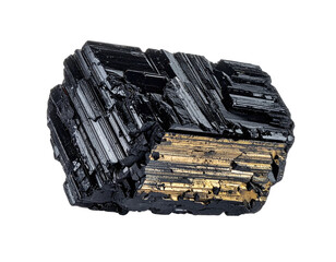 Close-up of a lustrous black mineral, displaying a fractured crystalline structure with golden hues