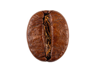 A close-up view of a roasted, brown coffee bean isolated against a stark black backdrop