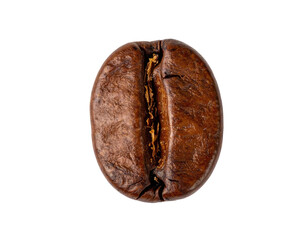 A close-up view of a single, roasted coffee bean against a stark black background