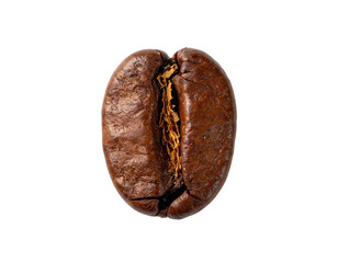 Macro shot of a single roasted coffee bean, isolated against a solid black background (1)