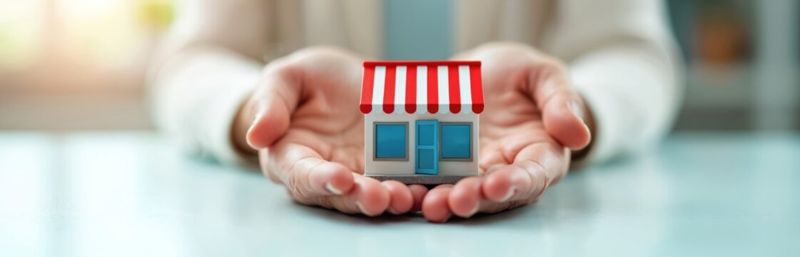Hands hold small shop model signifying business security and protection. Owner cares for local store property, ensuring safety and support for franchise business growth.