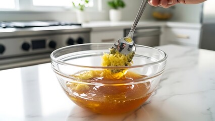 Hand Spooning Aromatic Zest into Golden Liquid for a Homemade Culinary Preparation