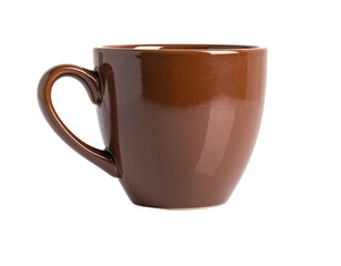 A close-up studio shot of a brown ceramic coffee mug with a curved handle