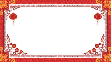Chinese New Year vector poster with ornate border, floral corners, and lantern accents, minimal central space for festive typography and holiday marketing use © meeblues