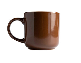A shiny, brown ceramic mug isolated on a black background, with a prominent handle