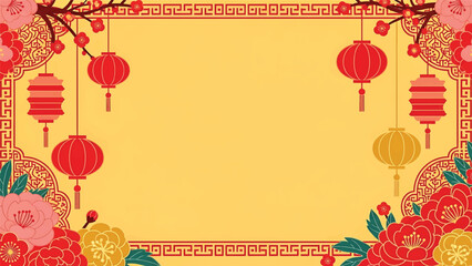 Chinese New Year vector poster with ornate border, floral corners, and lantern accents, minimal central space for festive typography and holiday marketing use © meeblues