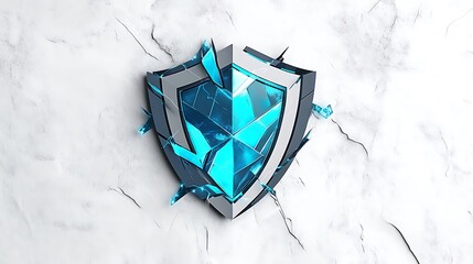 Digital security firm logo with shield and blue crystal on cracked marble background for tech and protection concepts with cyber security with safety