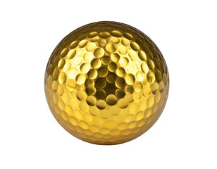 Close-up of a golden golf ball with dimples, isolated on a black background