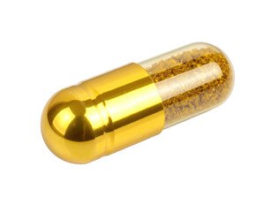 Close-up of a golden capsule, partially transparent, filled with granular substance