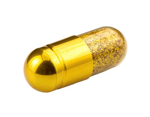 Close-up of a golden pill with transparent section filled with gold flakes, isolated on black