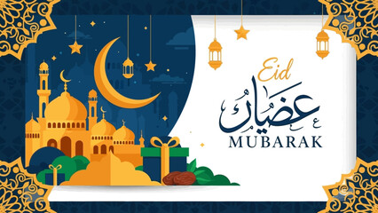 Eid Mubarak greeting card with mosque crescent moon and gift boxes.