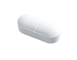 A close-up view of a single, white, rectangular pharmaceutical tablet on a black background