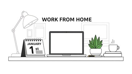 Minimalist Work From Home Desk Setup with Laptop, Calendar, and Morning Light