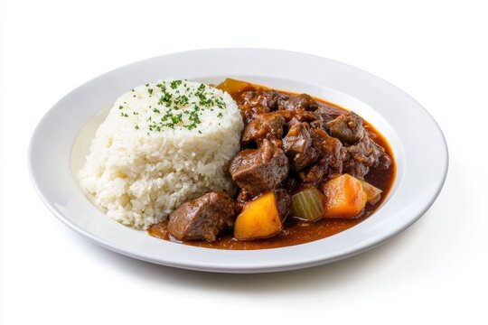 Zimbabwean sadza served with beef stew in a clean white dish on a white background during a meal setting