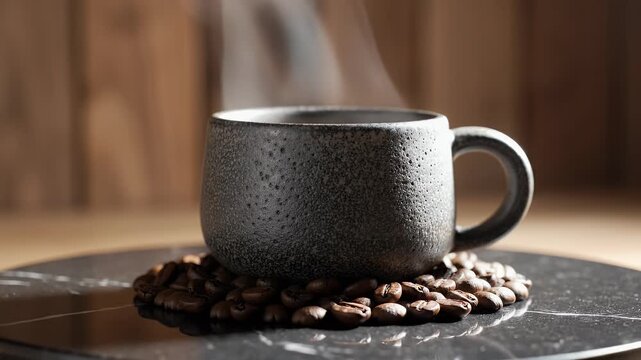 Steaming cup of artisan coffee on a bed of roasted beans creating a warm and inviting atmosphere perfect for morning routines or cozy moments