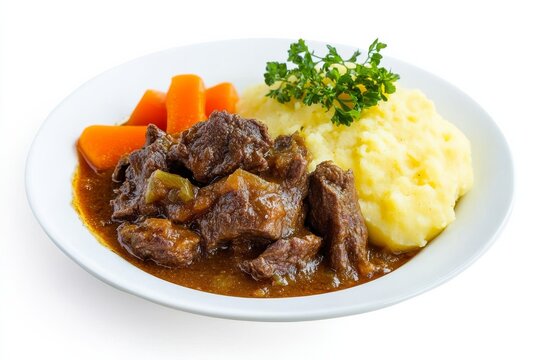 Zimbabwean sadza served with beef stew and vegetables on a white dish, presented with a clean look against a white background