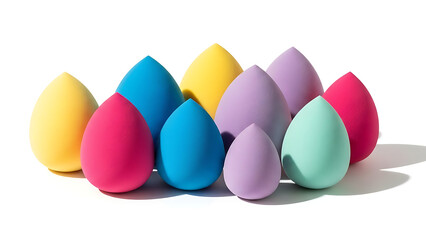 A vibrant and colorful collection of professional teardrop-shaped makeup blending sponges meticulously arranged on a pristine white background with soft, natural shadows.