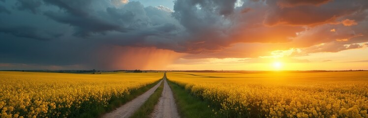 Dirt road leads through vast yellow canola field under dramatic sunset sky with sun rays and rain shower approaching. Nature in rural Europe.