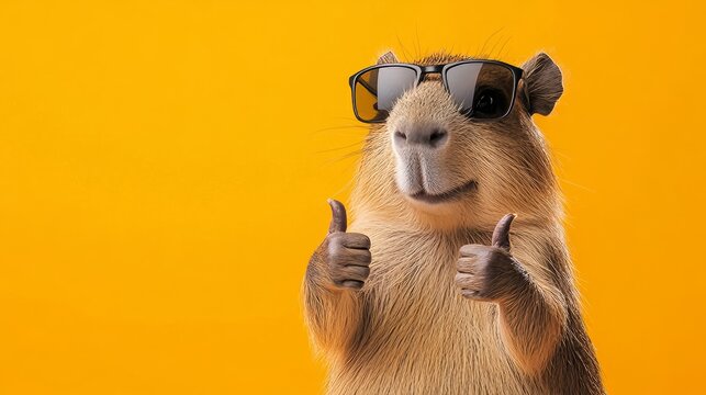Happy capybara in sunglasses gives thumbs up on orange background showing great mood and fun spirit during a sunny day
