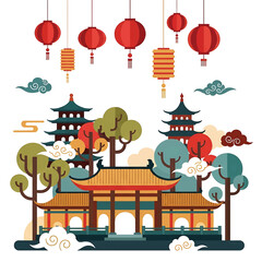 Chinese New Year vector background with traditional Chinese buildings, stylized trees, lanterns, and clouds, balanced flat illustration for festive cultural designs