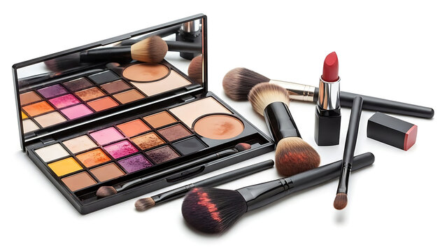 Professional vibrant eyeshadow palette featuring a diverse spectrum of pigmented shades including bold purples, warm oranges, sunny yellows, and deep earthy browns, elegantly paired with essential bea