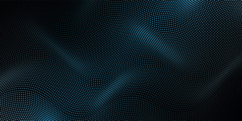 modern concept of technology, science, music, modern arts grid. Flowing dot particles light wave pattern halftone blue gradient smooth curve on black background.modern