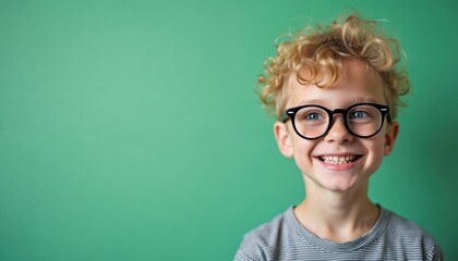 Blond curly haired boy wears thick glasses and smiles wide. He has blue eyes and a grey striped shirt. Child laughs against plain green background. Copy space available.