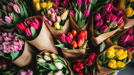 Florists sell colorful tulip bouquets wrapped in kraft paper at a spring market with many flowers available for holiday celebrations