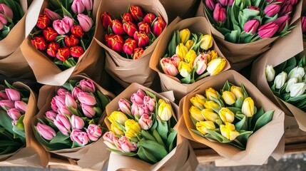Fresh bouquets of tulips wrapped in kraft paper for sale at a spring market showing vibrant colors in a top view arrangement with different varieties available