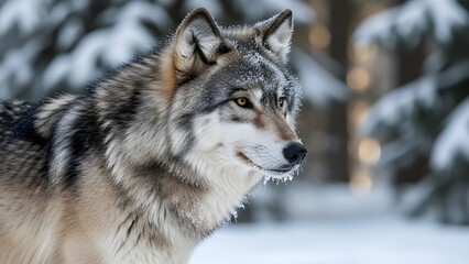 A close-up portrait of an Arctic wolf standing in a snowy forest environment.