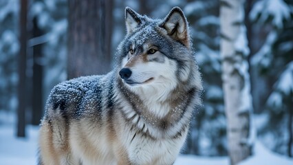 A full-body view of a timber wolf standing alert in a winter forest landscape. The thick fur and focused gaze reflect adaptability and awareness in harsh climates.