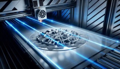 An industrial 3D printer creating a complex titanium rocket component. Layer-by-layer laser melting process, glowing blue light, metal powder texture, futuristic manufacturing concept, high detail.