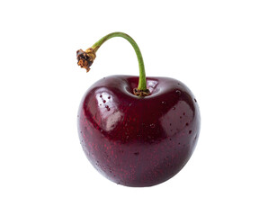 Close-up of a single ripe, dark red fruit with a green stem against a black backdrop