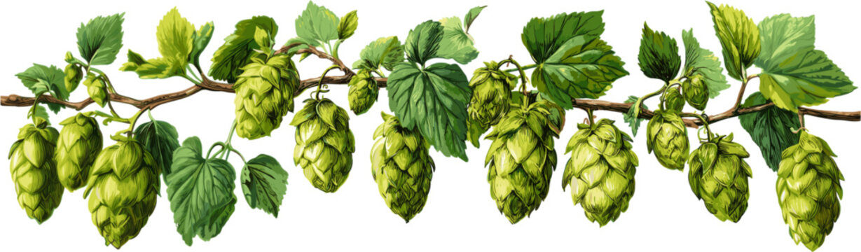 green branches and cones of hops, hand-drawn vector illustration isolated on a white background